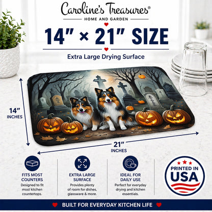 Caroline's Treasures DAC2053DDM Sheltie Spooky Halloween Dish Drying Mat Absorbent Dish Drying Mat Pad for Kitchen Counter Dish Drainer Mat for Countertop, 14 x 21, Multicolor