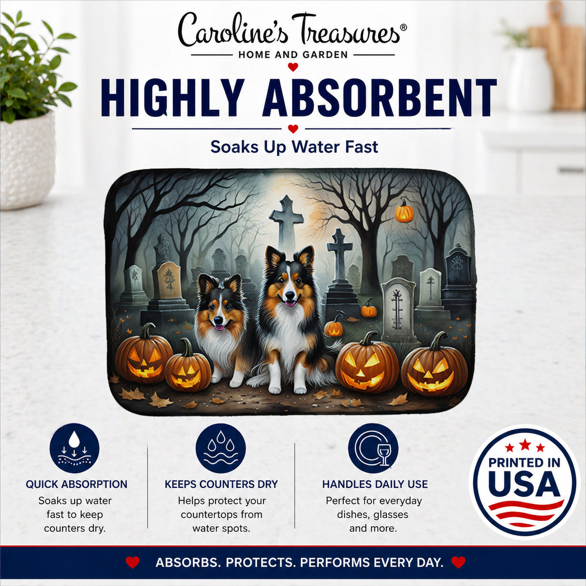 Caroline's Treasures DAC2053DDM Sheltie Spooky Halloween Dish Drying Mat Absorbent Dish Drying Mat Pad for Kitchen Counter Dish Drainer Mat for Countertop, 14 x 21, Multicolor