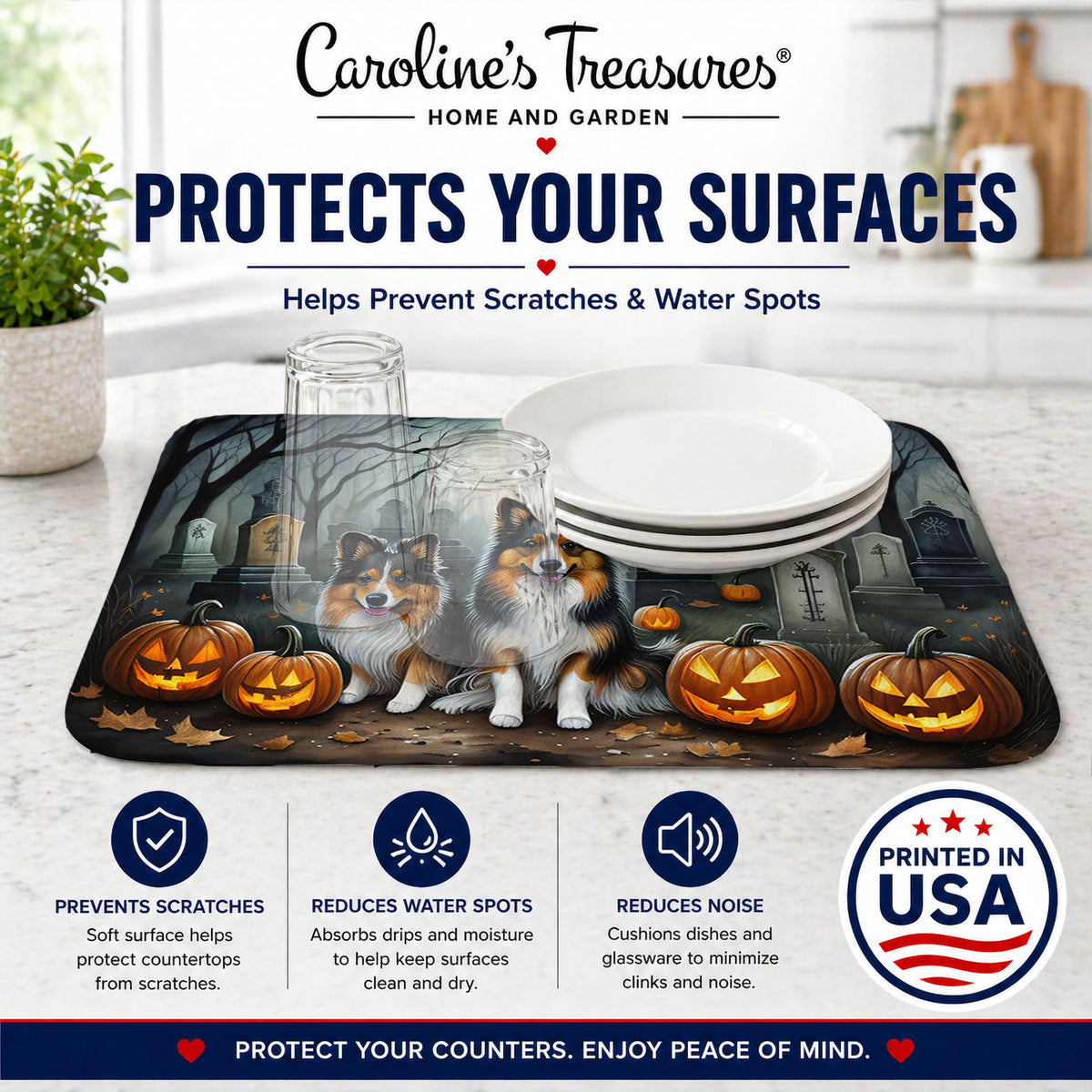 Caroline's Treasures DAC2053DDM Sheltie Spooky Halloween Dish Drying Mat Absorbent Dish Drying Mat Pad for Kitchen Counter Dish Drainer Mat for Countertop, 14 x 21, Multicolor