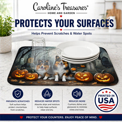 Caroline's Treasures DAC2053DDM Sheltie Spooky Halloween Dish Drying Mat Absorbent Dish Drying Mat Pad for Kitchen Counter Dish Drainer Mat for Countertop, 14 x 21, Multicolor