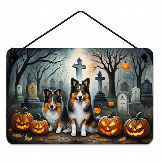 Caroline's Treasures DAC2053DS812 Sheltie Spooky Halloween Wall or Door Hanging Prints Aluminum Metal Sign Kitchen Wall Bar Bathroom Plaque Home Decor, 8x12, Multicolor