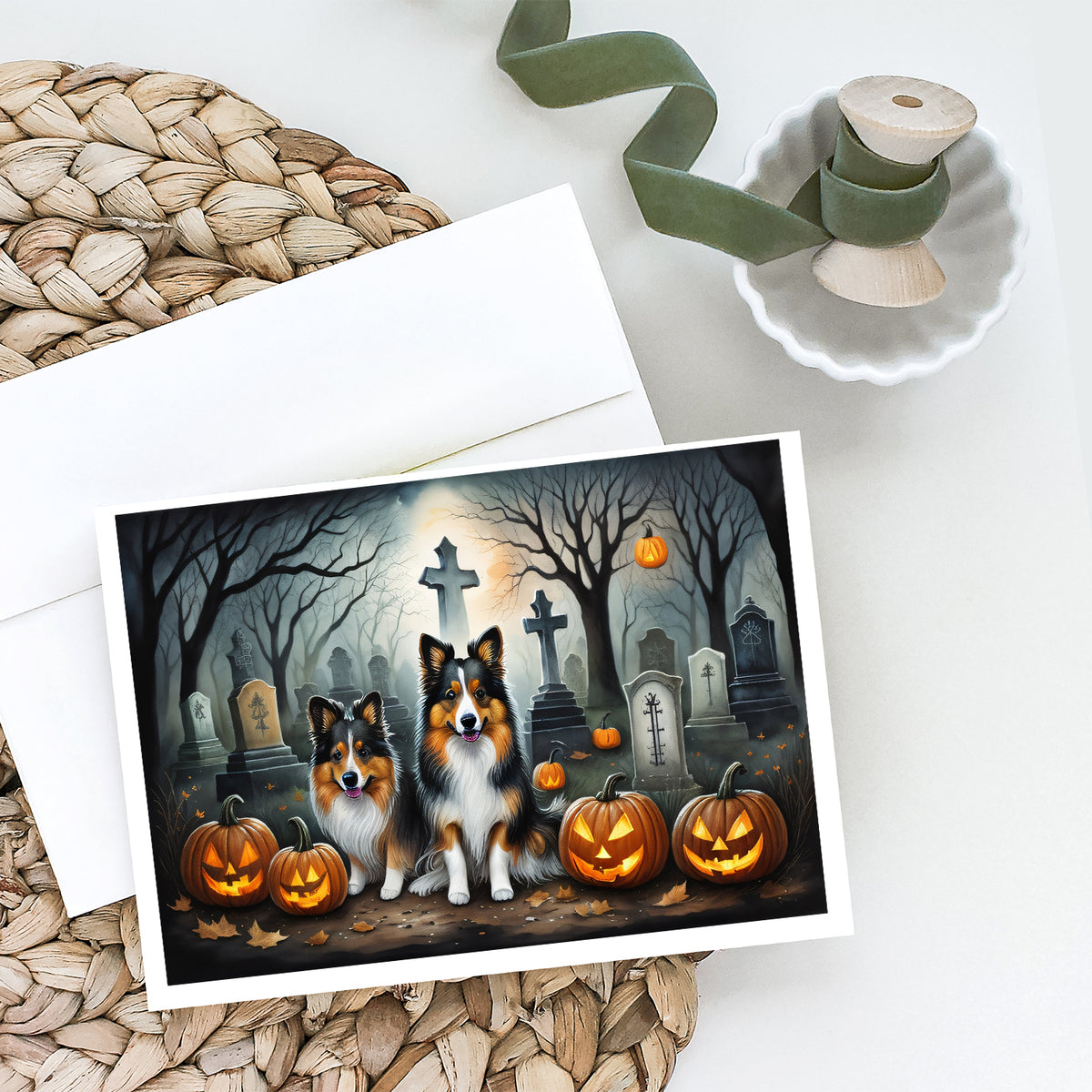 Caroline's Treasures DAC2053GCA7P Sheltie Spooky Halloween Greeting Cards and Envelopes Pack of 8 Blank Cards with Envelopes Whimsical A7 Size 5x7 Blank Greeting Cards