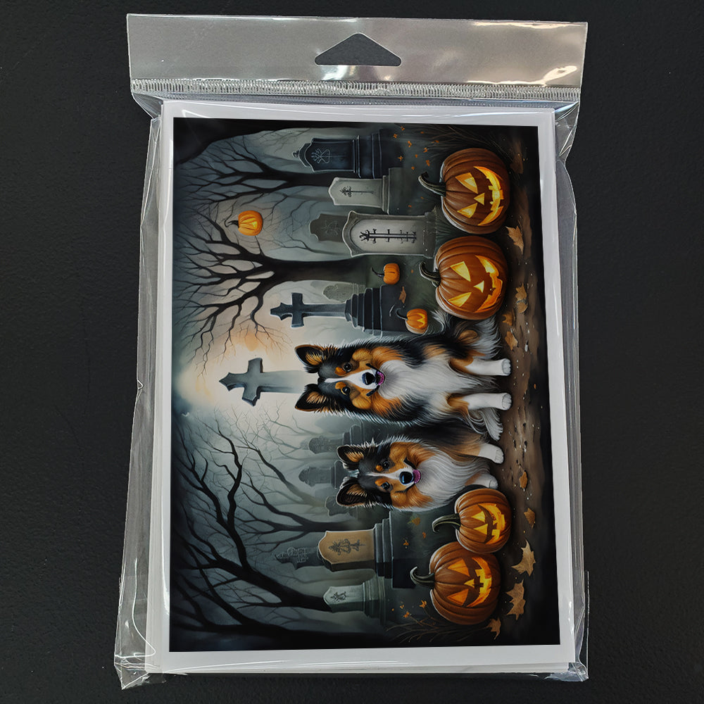 Caroline's Treasures DAC2053GCA7P Sheltie Spooky Halloween Greeting Cards and Envelopes Pack of 8 Blank Cards with Envelopes Whimsical A7 Size 5x7 Blank Greeting Cards