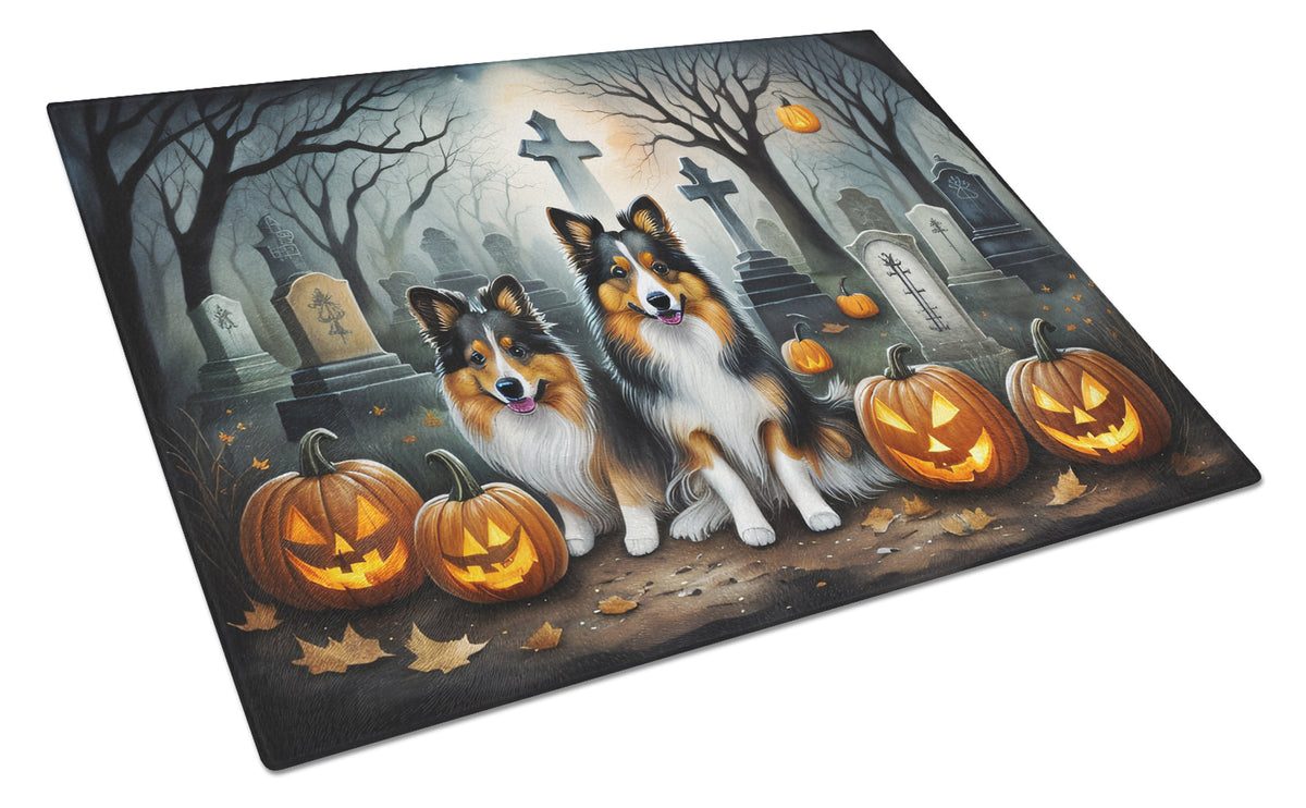 Caroline's Treasures DAC2053LCB Sheltie Spooky Halloween Glass Cutting Board Large Decorative Tempered Glass Kitchen Cutting and Serving Board Large Size Chopping Board