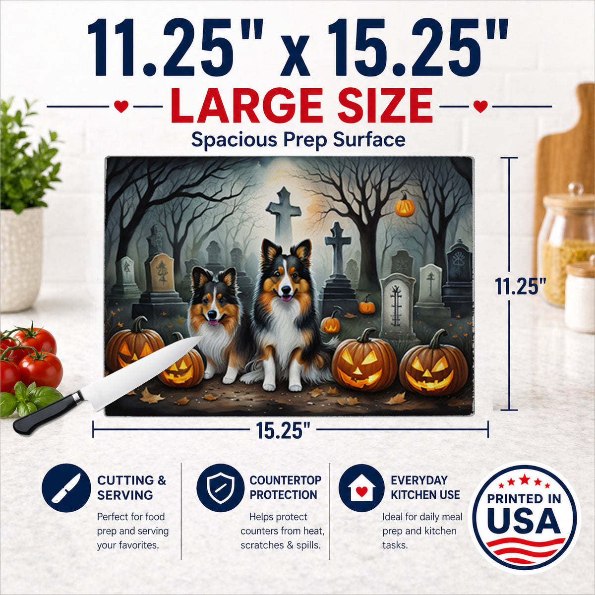 Caroline's Treasures DAC2053LCB Sheltie Spooky Halloween Glass Cutting Board Large Decorative Tempered Glass Kitchen Cutting and Serving Board Large Size Chopping Board