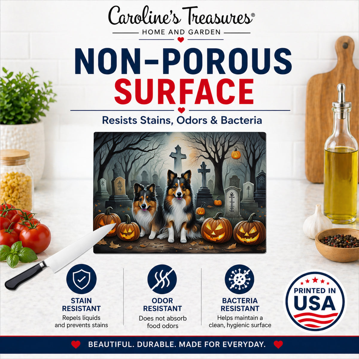 Caroline's Treasures DAC2053LCB Sheltie Spooky Halloween Glass Cutting Board Large Decorative Tempered Glass Kitchen Cutting and Serving Board Large Size Chopping Board