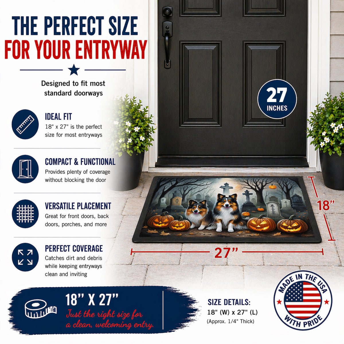 Caroline's Treasures DAC2053MAT Sheltie Spooky Halloween Doormat 18x27 Front Door Mat Indoor Outdoor Rugs for Entryway, Non Slip Washable Low Pile, 18H X 27W