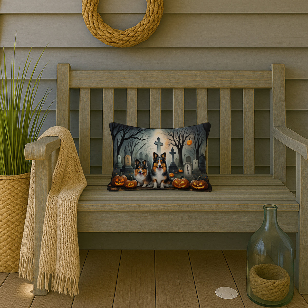 Caroline's Treasures DAC2053PW1216 Sheltie Spooky Halloween Fabric Decorative Pillow Machine Washable, Indoor Outdoor Decorative Pillow for Couch, Bed or Patio, 12HX16W