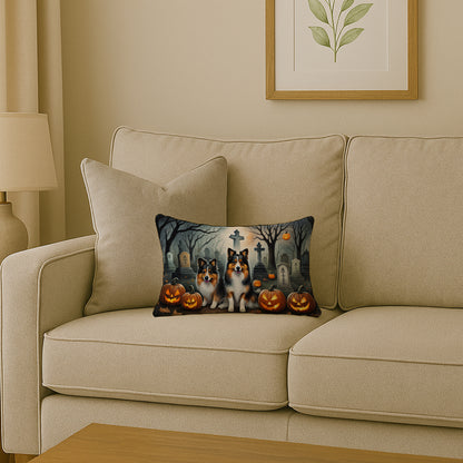 Caroline's Treasures DAC2053PW1216 Sheltie Spooky Halloween Fabric Decorative Pillow Machine Washable, Indoor Outdoor Decorative Pillow for Couch, Bed or Patio, 12HX16W