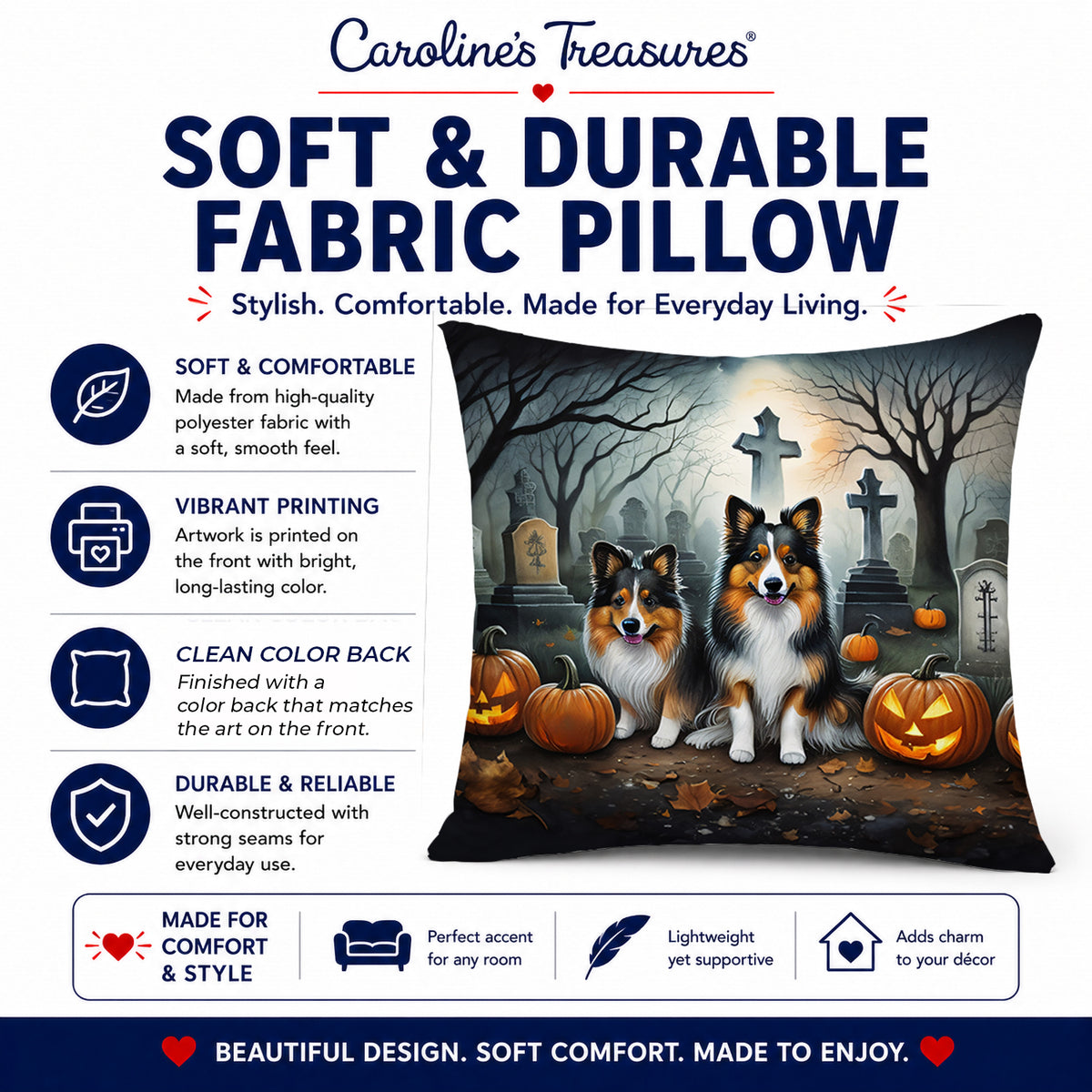 Caroline's Treasures DAC2053PW1414 Sheltie Spooky Halloween Fabric Decorative Pillow Machine Washable, Indoor Outdoor Decorative Pillow for Couch, Bed or Patio, 14Hx14W
