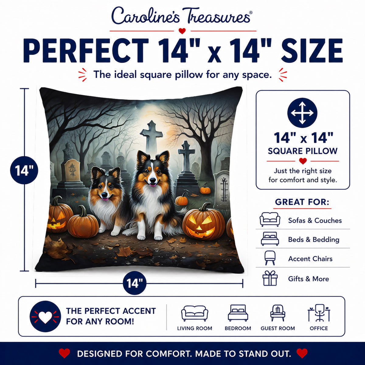 Caroline's Treasures DAC2053PW1414 Sheltie Spooky Halloween Fabric Decorative Pillow Machine Washable, Indoor Outdoor Decorative Pillow for Couch, Bed or Patio, 14Hx14W