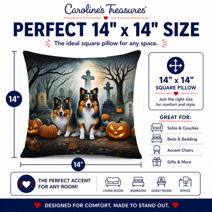 Caroline's Treasures DAC2053PW1414 Sheltie Spooky Halloween Fabric Decorative Pillow Machine Washable, Indoor Outdoor Decorative Pillow for Couch, Bed or Patio, 14Hx14W