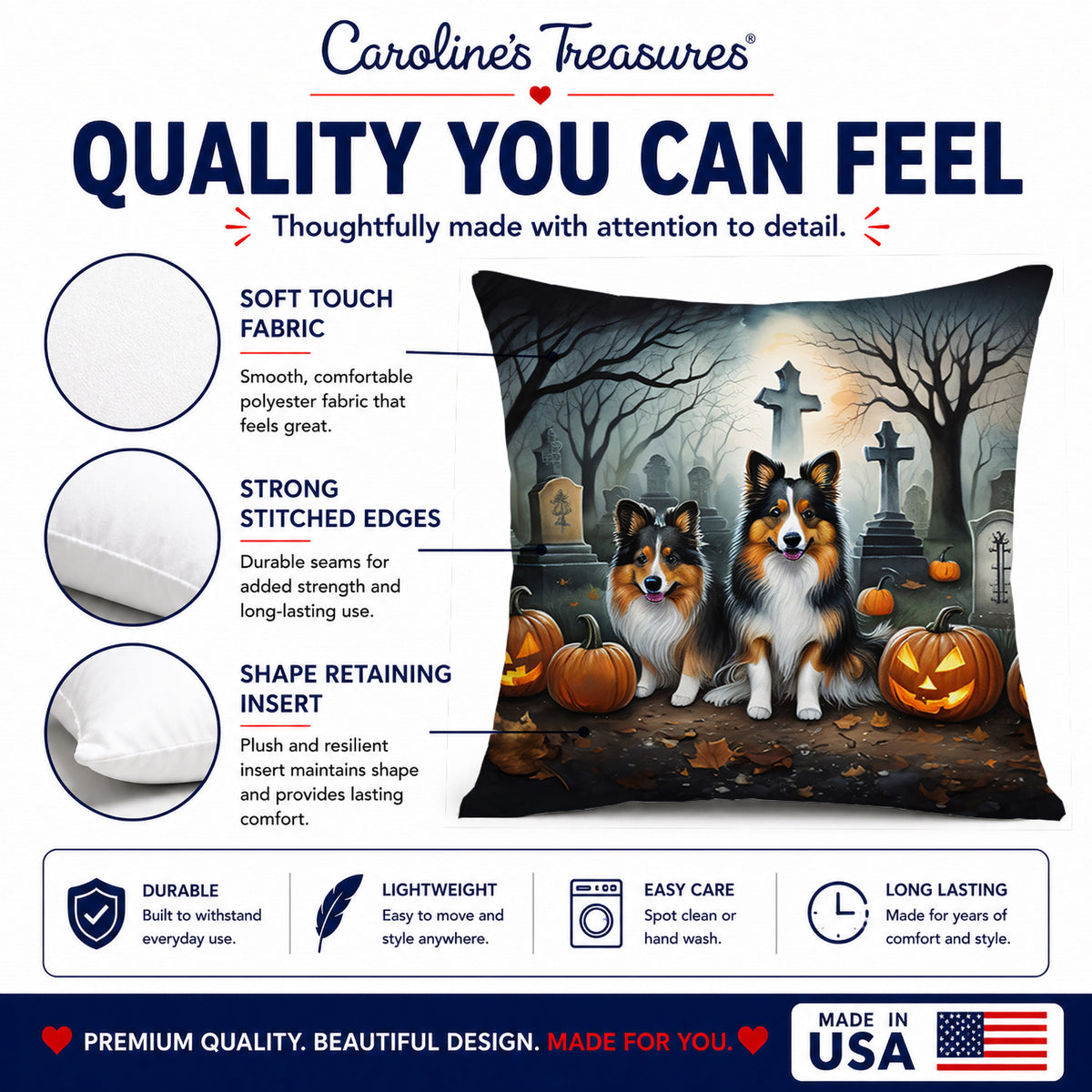 Caroline's Treasures DAC2053PW1414 Sheltie Spooky Halloween Fabric Decorative Pillow Machine Washable, Indoor Outdoor Decorative Pillow for Couch, Bed or Patio, 14Hx14W