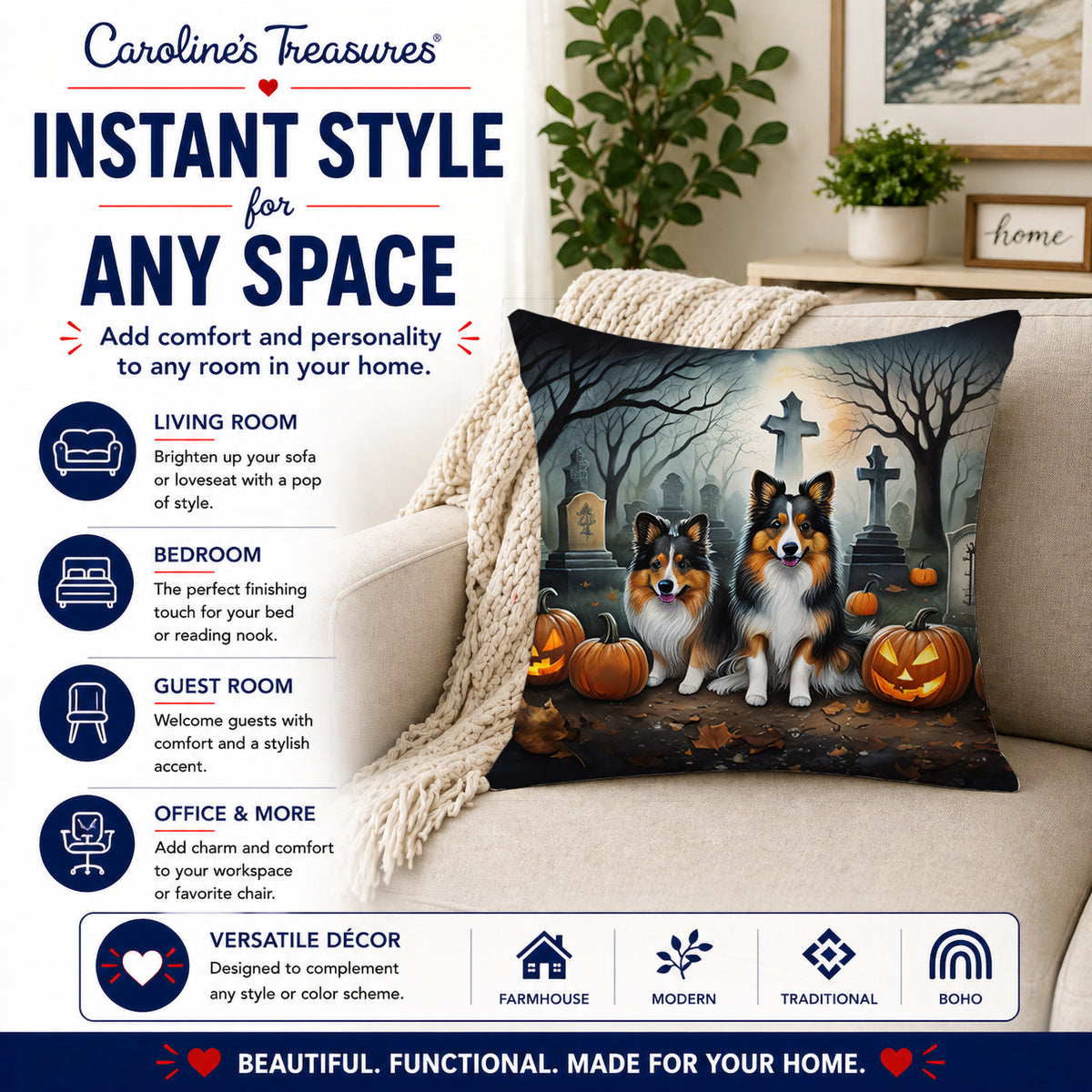 Caroline's Treasures DAC2053PW1414 Sheltie Spooky Halloween Fabric Decorative Pillow Machine Washable, Indoor Outdoor Decorative Pillow for Couch, Bed or Patio, 14Hx14W
