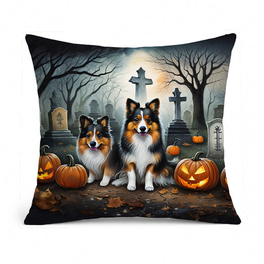 Caroline's Treasures DAC2053PW1818 Sheltie Spooky Halloween Fabric Decorative Pillow Machine Washable, Indoor Outdoor Decorative Pillow for Couch, Bed or Patio, 18Hx18W