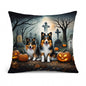 Caroline's Treasures DAC2053PW1818 Sheltie Spooky Halloween Fabric Decorative Pillow Machine Washable, Indoor Outdoor Decorative Pillow for Couch, Bed or Patio, 18Hx18W