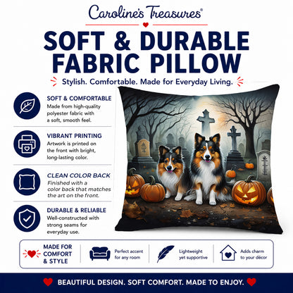 Caroline's Treasures DAC2053PW1818 Sheltie Spooky Halloween Fabric Decorative Pillow Machine Washable, Indoor Outdoor Decorative Pillow for Couch, Bed or Patio, 18Hx18W