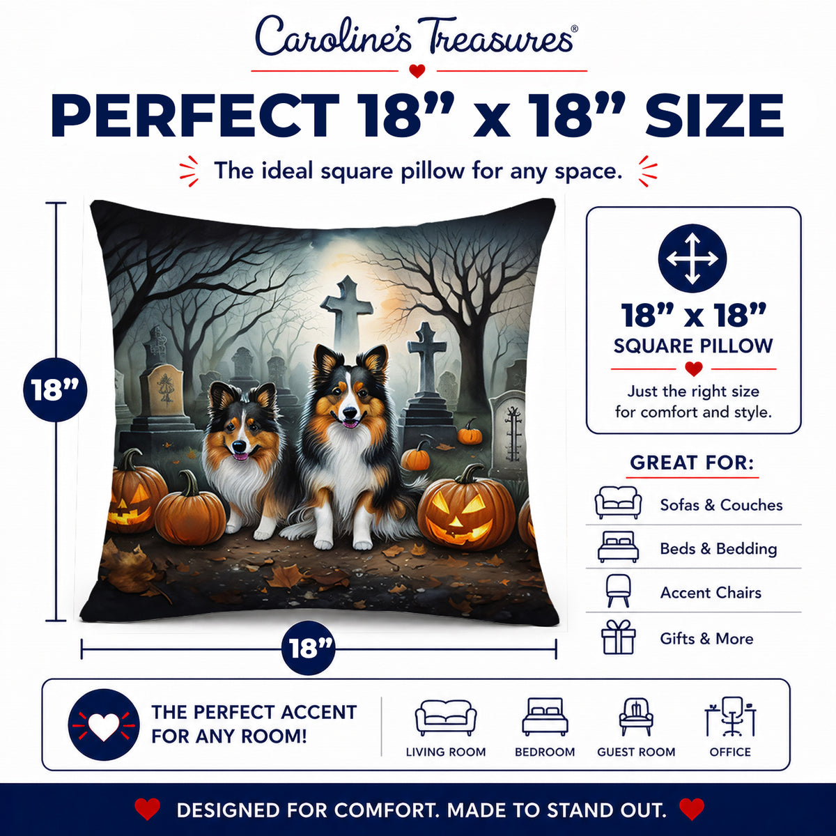 Caroline's Treasures DAC2053PW1818 Sheltie Spooky Halloween Fabric Decorative Pillow Machine Washable, Indoor Outdoor Decorative Pillow for Couch, Bed or Patio, 18Hx18W
