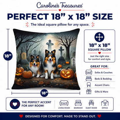 Caroline's Treasures DAC2053PW1818 Sheltie Spooky Halloween Fabric Decorative Pillow Machine Washable, Indoor Outdoor Decorative Pillow for Couch, Bed or Patio, 18Hx18W