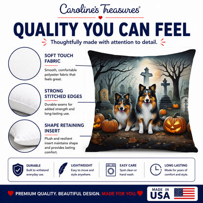 Caroline's Treasures DAC2053PW1818 Sheltie Spooky Halloween Fabric Decorative Pillow Machine Washable, Indoor Outdoor Decorative Pillow for Couch, Bed or Patio, 18Hx18W