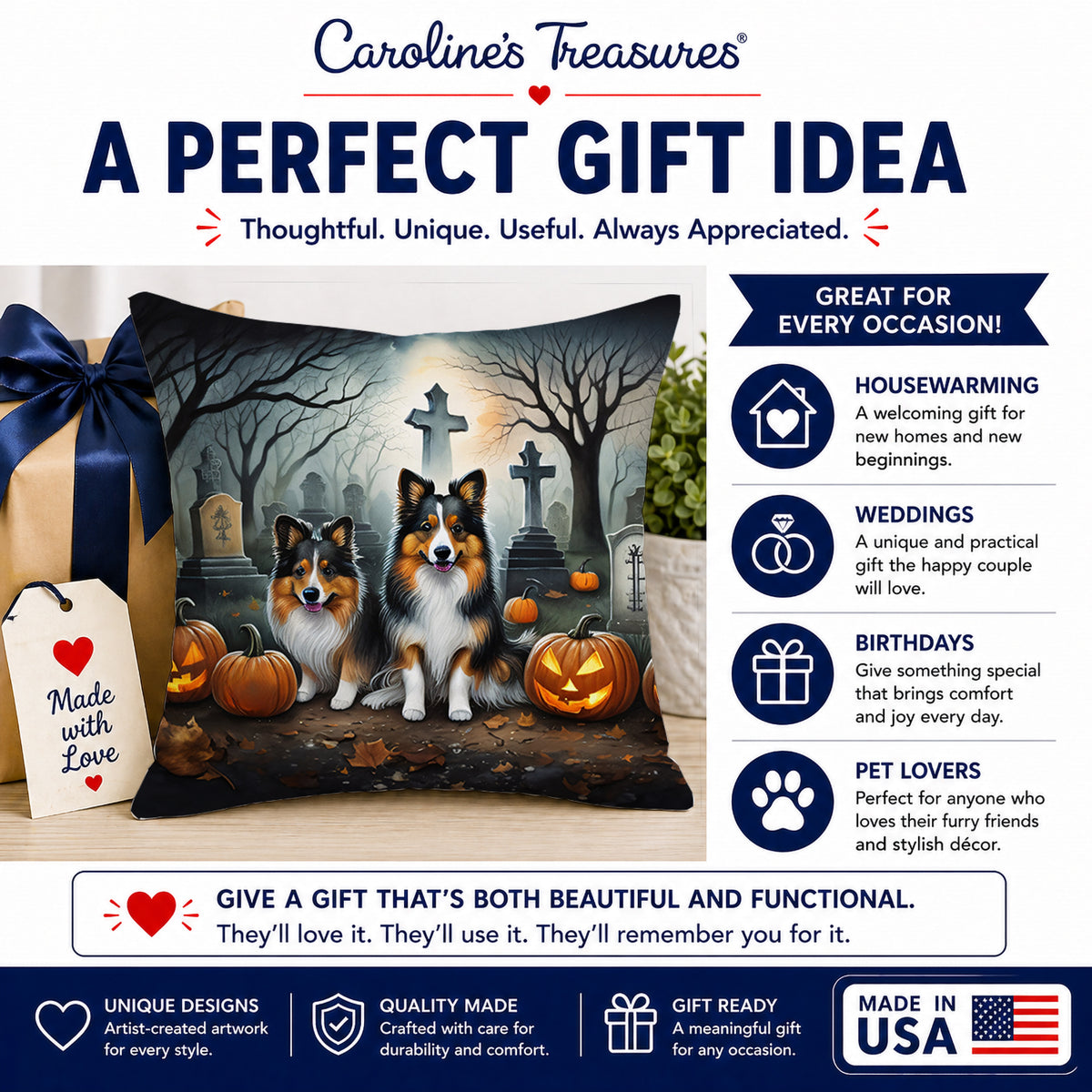 Caroline's Treasures DAC2053PW1818 Sheltie Spooky Halloween Fabric Decorative Pillow Machine Washable, Indoor Outdoor Decorative Pillow for Couch, Bed or Patio, 18Hx18W