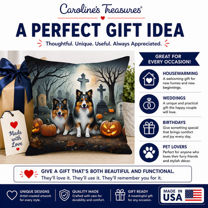 Caroline's Treasures DAC2053PW1818 Sheltie Spooky Halloween Fabric Decorative Pillow Machine Washable, Indoor Outdoor Decorative Pillow for Couch, Bed or Patio, 18Hx18W