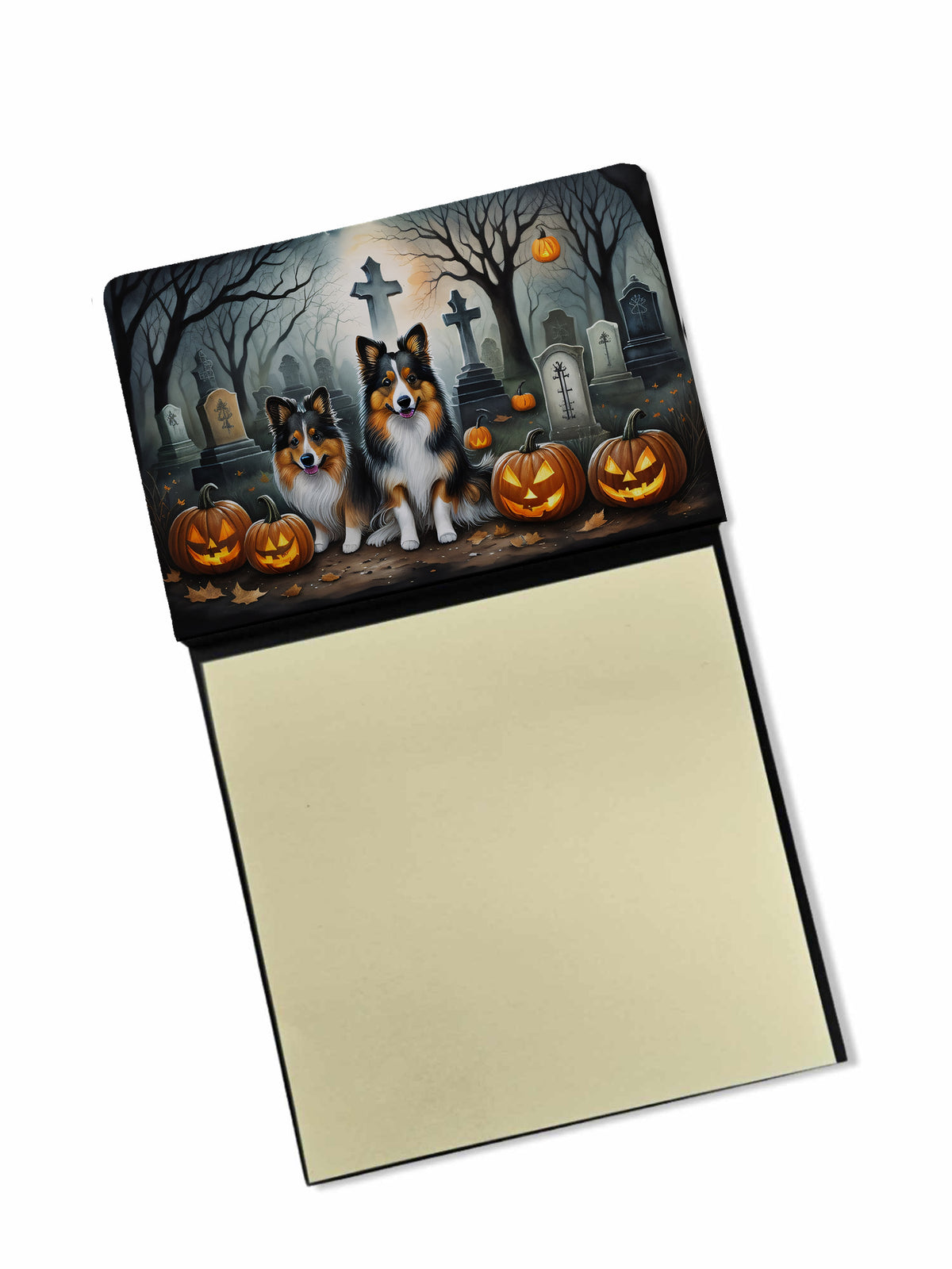 Caroline's Treasures Sheltie Spooky Halloween Sticky Note Holder Refillable Dispenser Self-Sticky Note Pads, Memo Pads Blank Desk Accessories