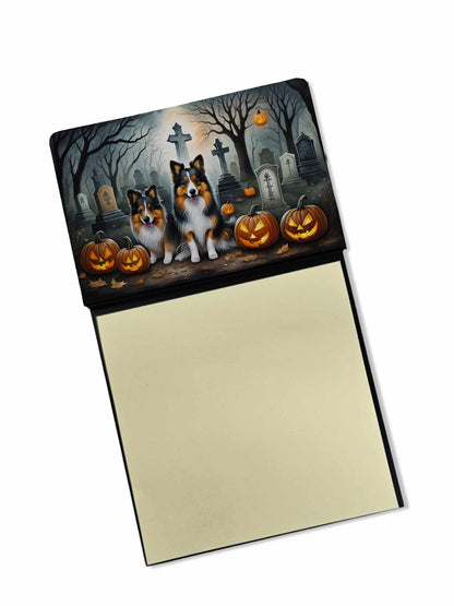 Caroline's Treasures Sheltie Spooky Halloween Sticky Note Holder Refillable Dispenser Self-Sticky Note Pads, Memo Pads Blank Desk Accessories