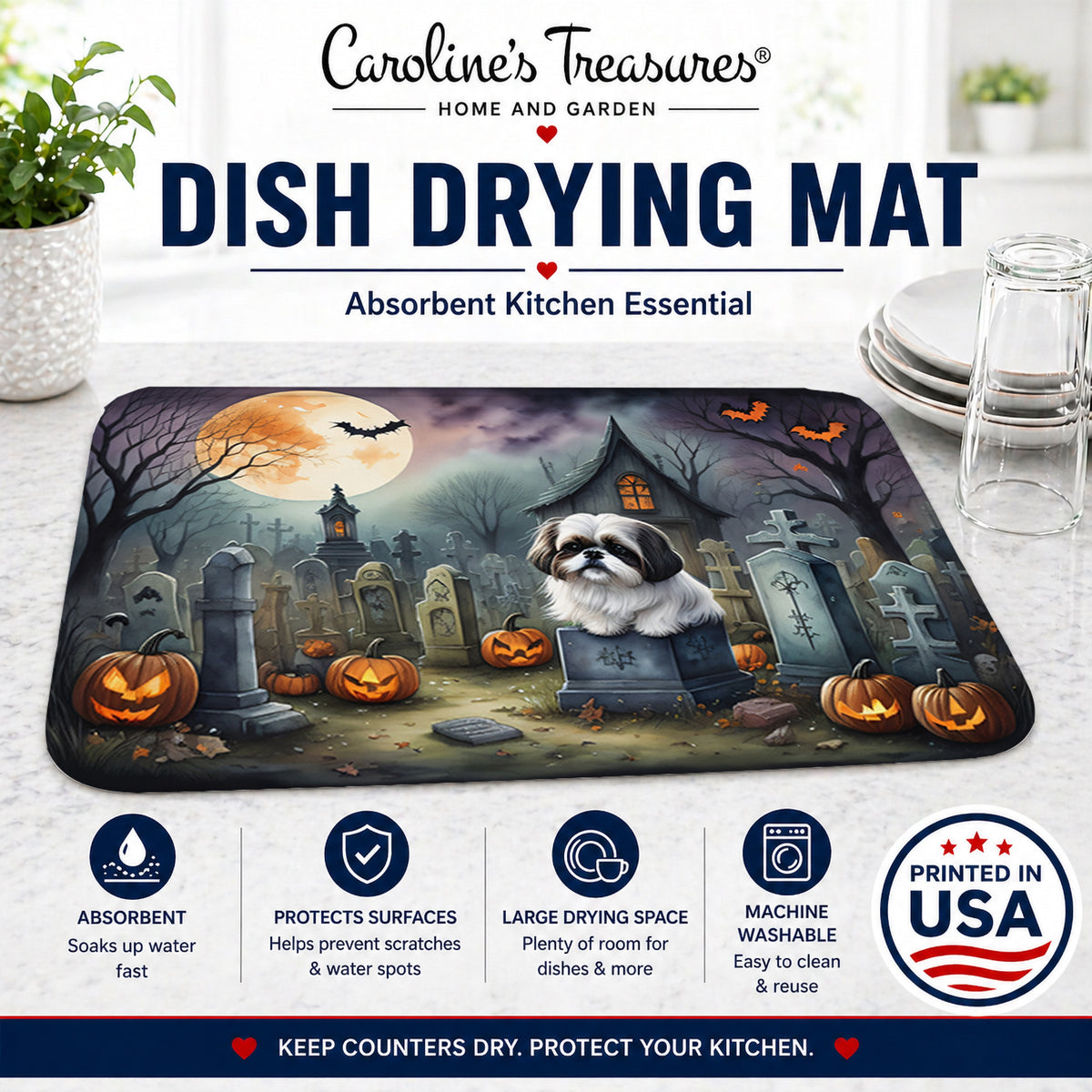 Caroline's Treasures DAC2054DDM Shih Tzu Spooky Halloween Dish Drying Mat Absorbent Dish Drying Mat Pad for Kitchen Counter Dish Drainer Mat for Countertop, 14 x 21, Multicolor