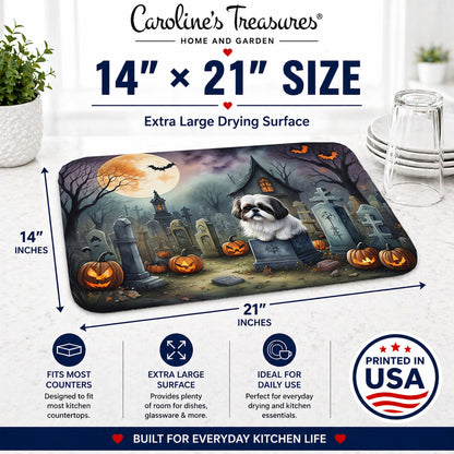 Caroline's Treasures DAC2054DDM Shih Tzu Spooky Halloween Dish Drying Mat Absorbent Dish Drying Mat Pad for Kitchen Counter Dish Drainer Mat for Countertop, 14 x 21, Multicolor
