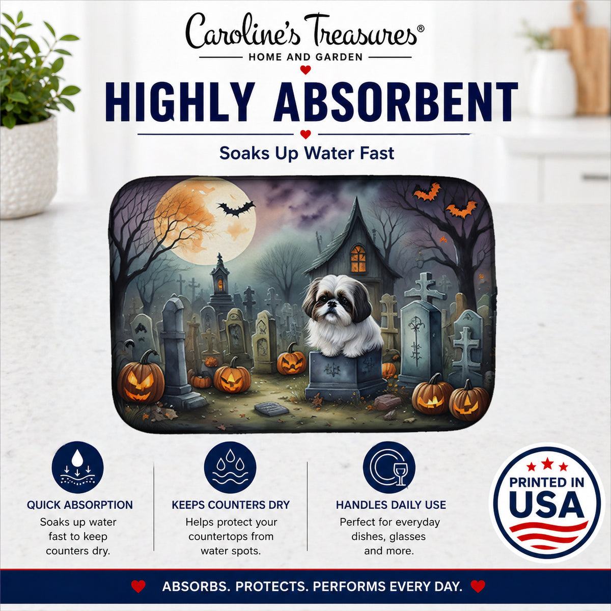Caroline's Treasures DAC2054DDM Shih Tzu Spooky Halloween Dish Drying Mat Absorbent Dish Drying Mat Pad for Kitchen Counter Dish Drainer Mat for Countertop, 14 x 21, Multicolor