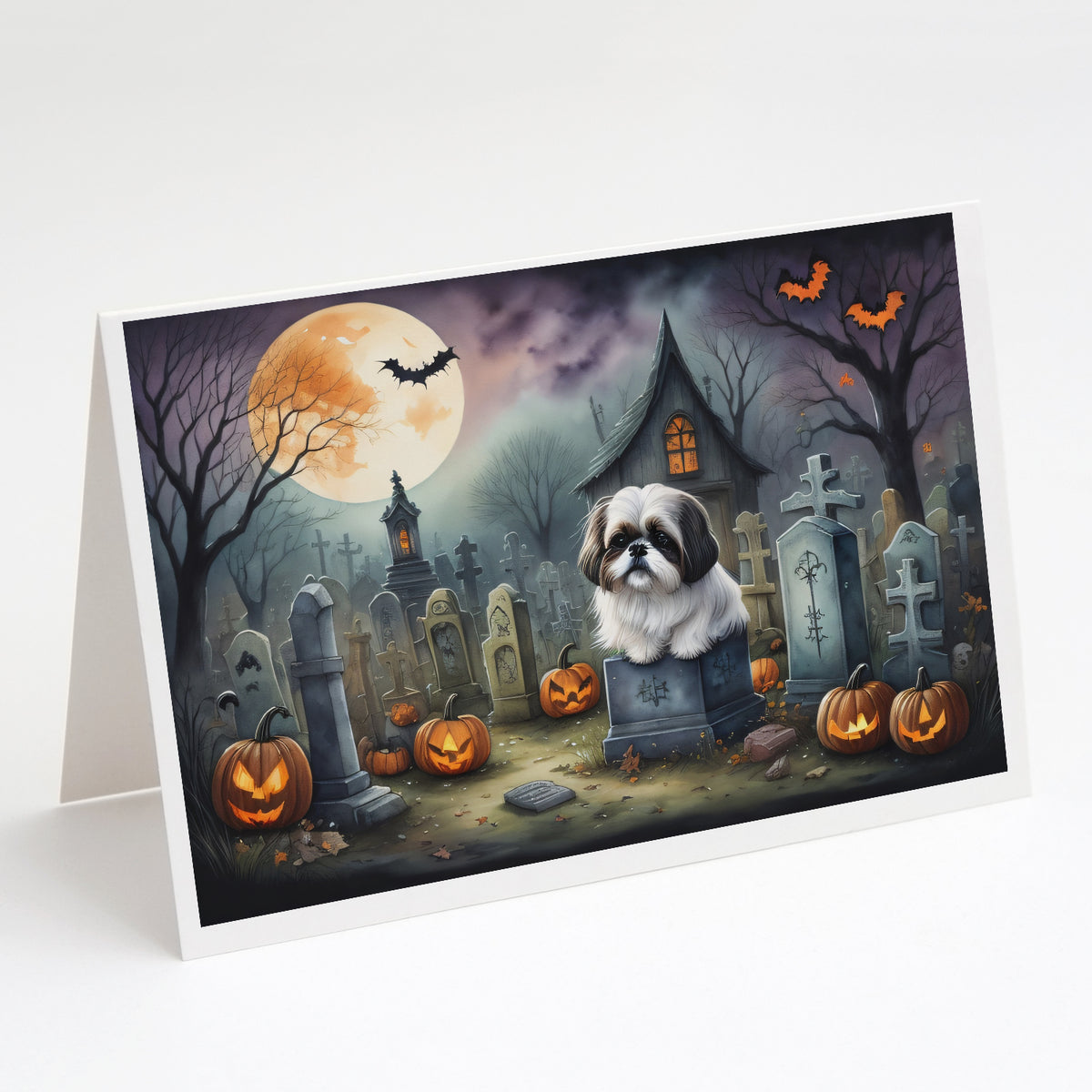 Caroline's Treasures DAC2054GCA7P Shih Tzu Spooky Halloween Greeting Cards and Envelopes Pack of 8 Blank Cards with Envelopes Whimsical A7 Size 5x7 Blank Greeting Cards