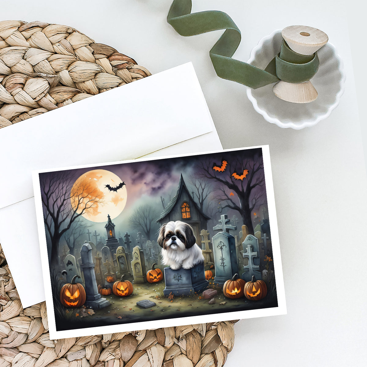 Caroline's Treasures DAC2054GCA7P Shih Tzu Spooky Halloween Greeting Cards and Envelopes Pack of 8 Blank Cards with Envelopes Whimsical A7 Size 5x7 Blank Greeting Cards