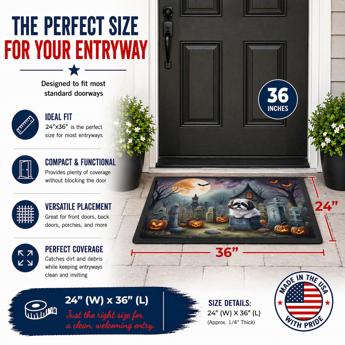 Caroline's Treasures DAC2054JMAT Shih Tzu Spooky Halloween Indoor or Outdoor Mat 24x36 Front Door Mat Indoor Outdoor Rugs for Entryway, Non Slip Washable Low Pile, 24H X 36W