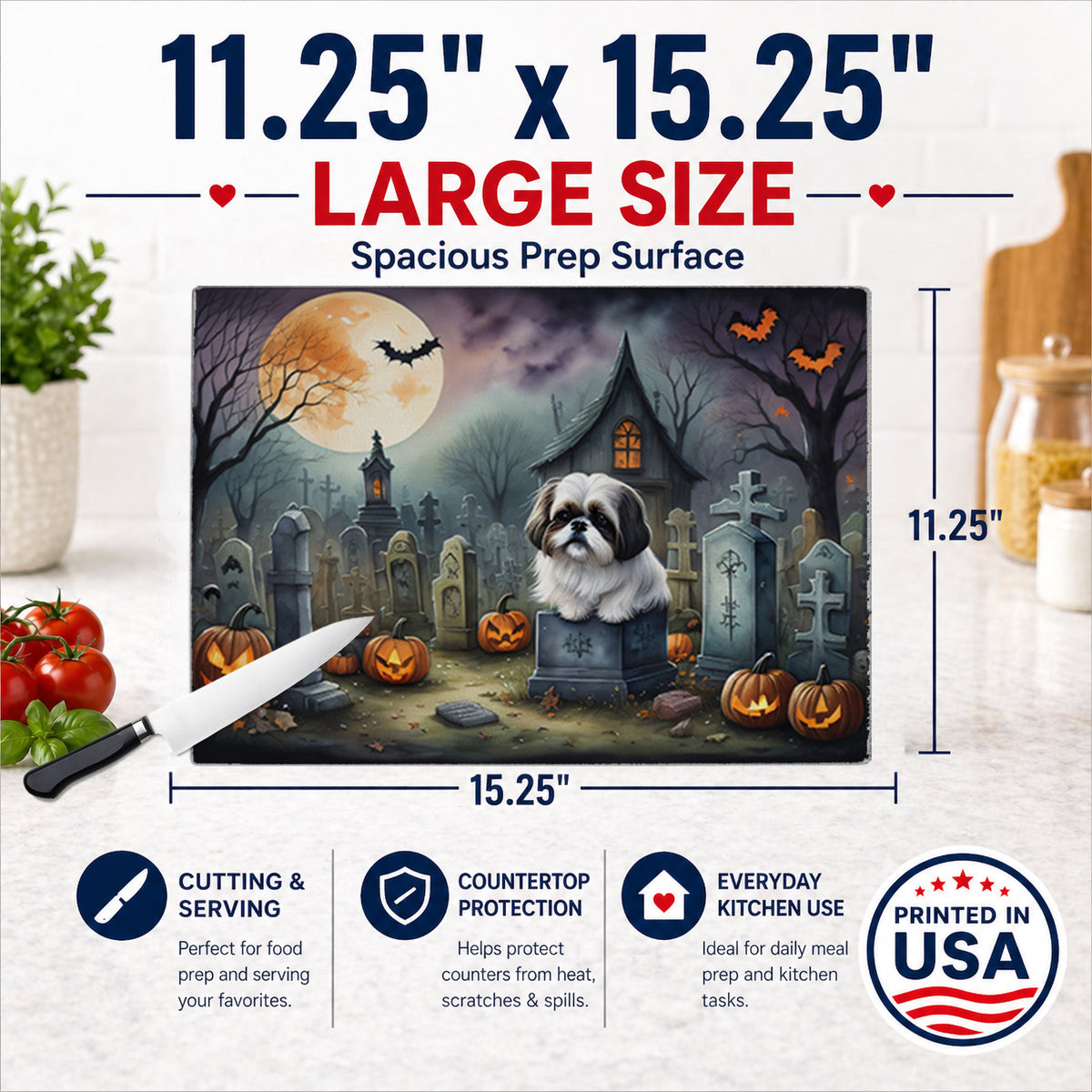 Caroline's Treasures DAC2054LCB Shih Tzu Spooky Halloween Glass Cutting Board Large Decorative Tempered Glass Kitchen Cutting and Serving Board Large Size Chopping Board