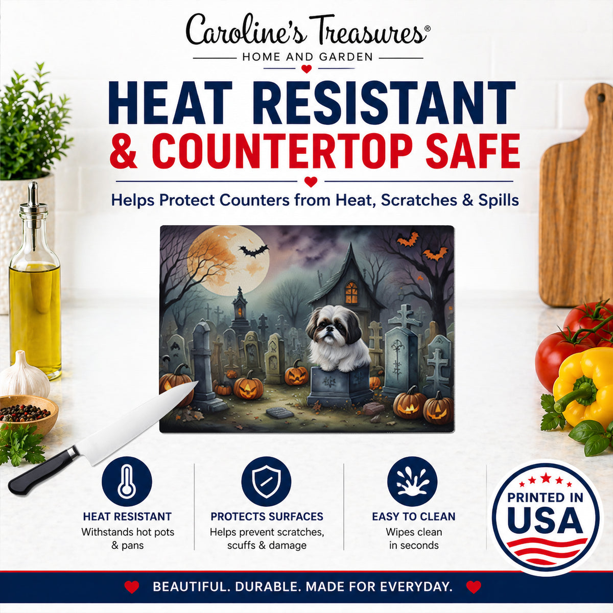 Caroline's Treasures DAC2054LCB Shih Tzu Spooky Halloween Glass Cutting Board Large Decorative Tempered Glass Kitchen Cutting and Serving Board Large Size Chopping Board