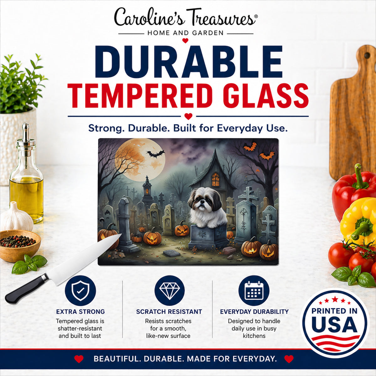 Caroline's Treasures DAC2054LCB Shih Tzu Spooky Halloween Glass Cutting Board Large Decorative Tempered Glass Kitchen Cutting and Serving Board Large Size Chopping Board