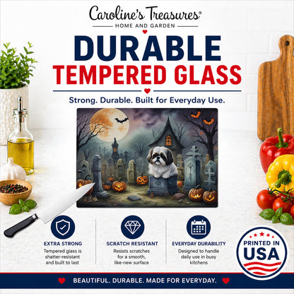 Caroline's Treasures DAC2054LCB Shih Tzu Spooky Halloween Glass Cutting Board Large Decorative Tempered Glass Kitchen Cutting and Serving Board Large Size Chopping Board