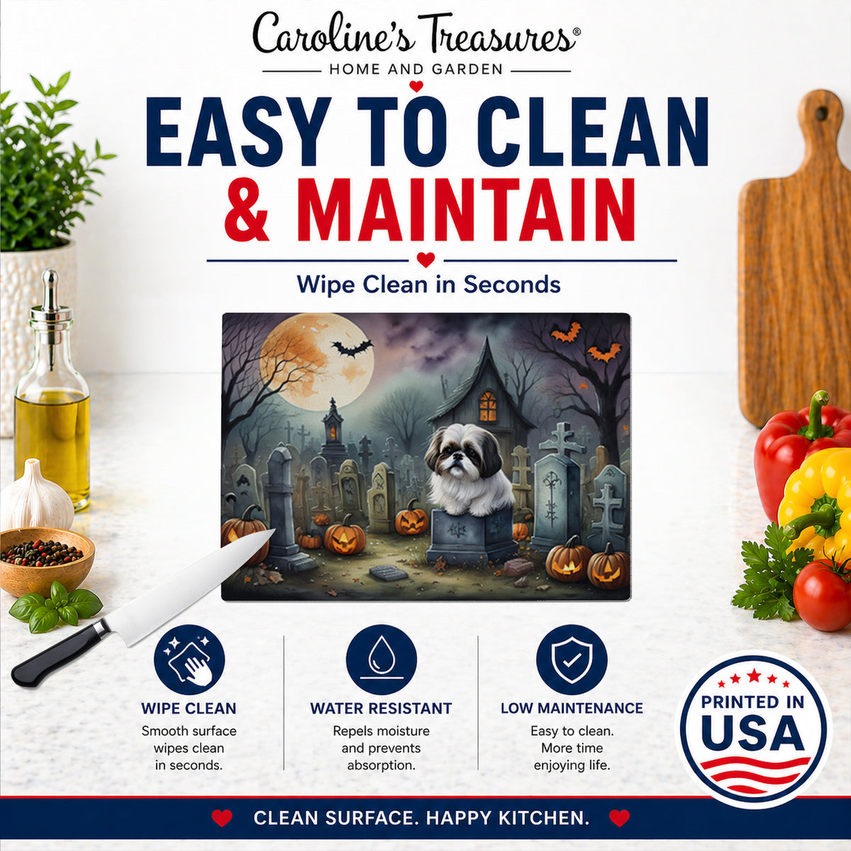 Caroline's Treasures DAC2054LCB Shih Tzu Spooky Halloween Glass Cutting Board Large Decorative Tempered Glass Kitchen Cutting and Serving Board Large Size Chopping Board