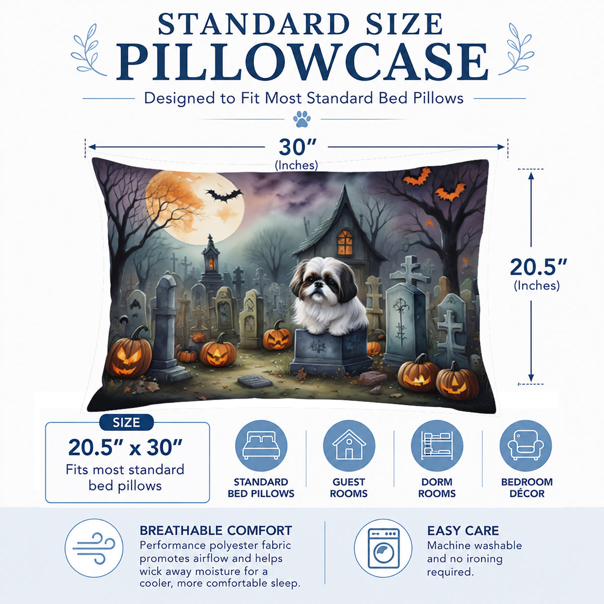 Caroline's Treasures DAC2054PILLOWCASE Shih Tzu Spooky Halloween Fabric Standard Pillowcase Lightweight Super Soft Easy Care Decorative Artwork Pillowcase, Standard