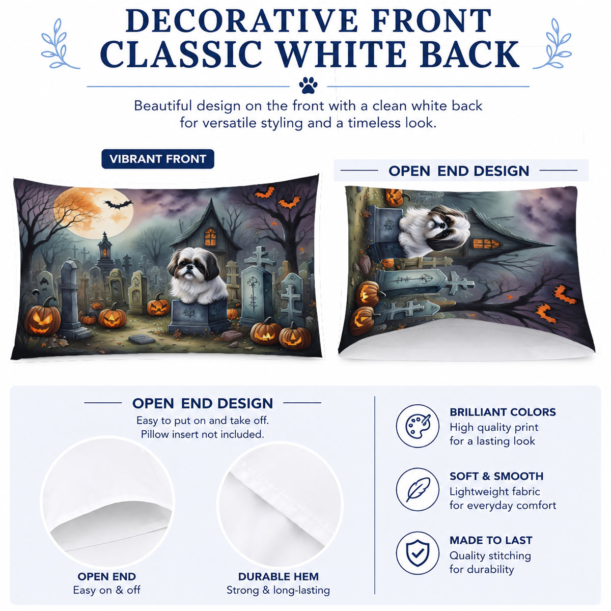 Caroline's Treasures DAC2054PILLOWCASE Shih Tzu Spooky Halloween Fabric Standard Pillowcase Lightweight Super Soft Easy Care Decorative Artwork Pillowcase, Standard
