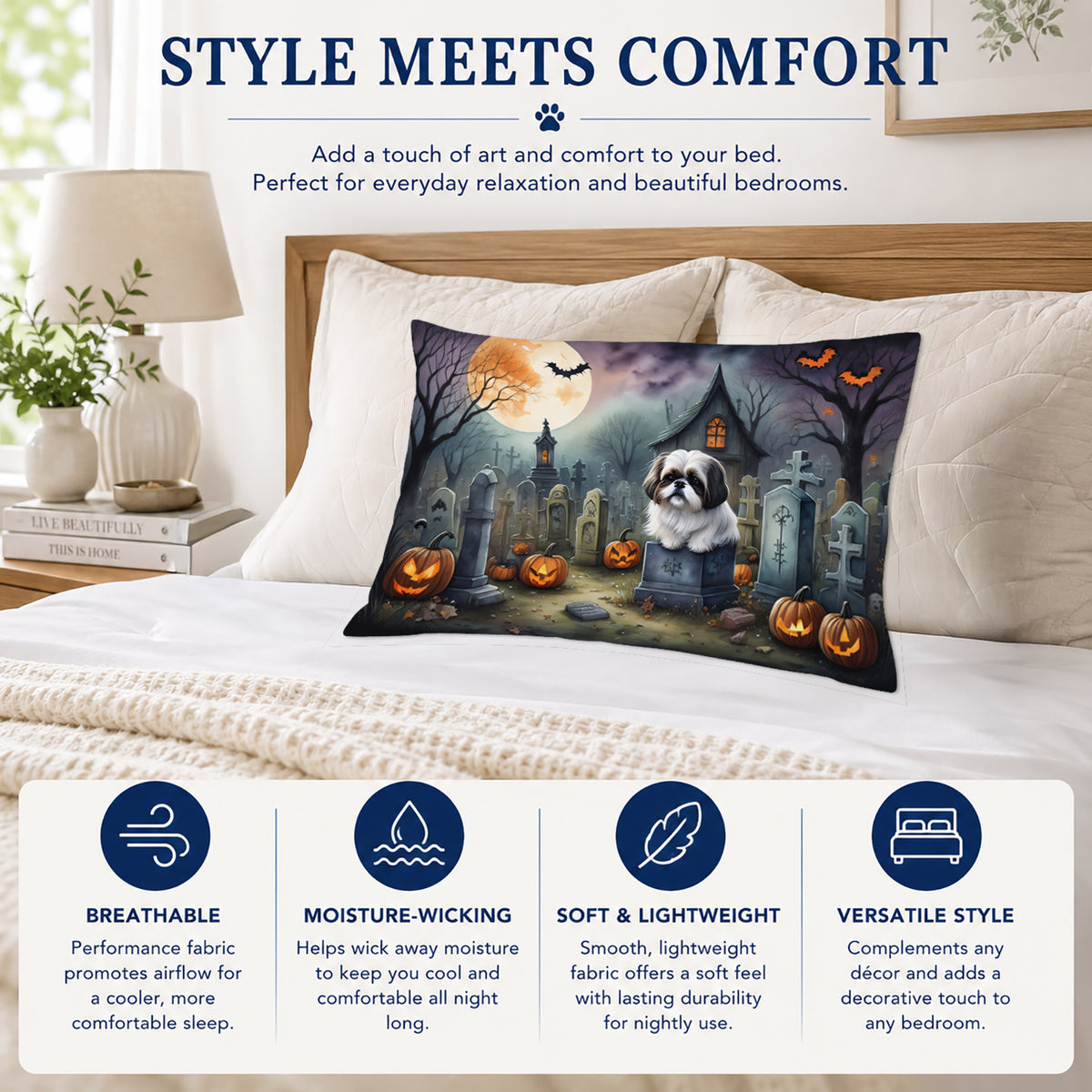 Caroline's Treasures DAC2054PILLOWCASE Shih Tzu Spooky Halloween Fabric Standard Pillowcase Lightweight Super Soft Easy Care Decorative Artwork Pillowcase, Standard