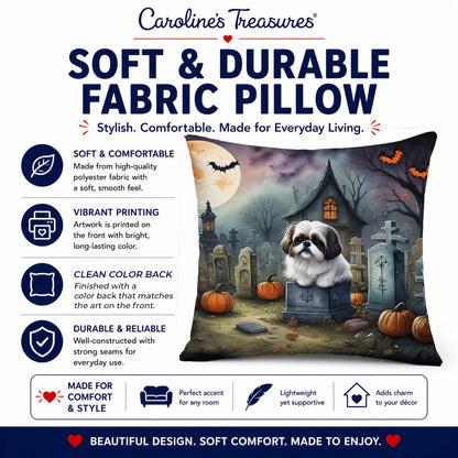 Caroline's Treasures DAC2054PW1414 Shih Tzu Spooky Halloween Fabric Decorative Pillow Machine Washable, Indoor Outdoor Decorative Pillow for Couch, Bed or Patio, 14Hx14W