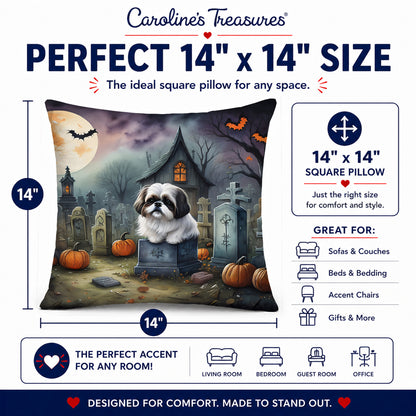 Caroline's Treasures DAC2054PW1414 Shih Tzu Spooky Halloween Fabric Decorative Pillow Machine Washable, Indoor Outdoor Decorative Pillow for Couch, Bed or Patio, 14Hx14W