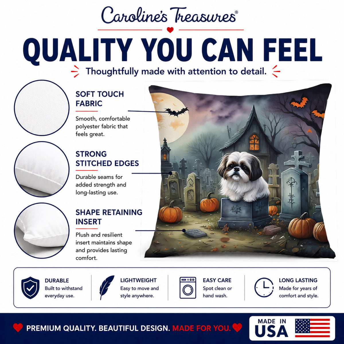 Caroline's Treasures DAC2054PW1414 Shih Tzu Spooky Halloween Fabric Decorative Pillow Machine Washable, Indoor Outdoor Decorative Pillow for Couch, Bed or Patio, 14Hx14W