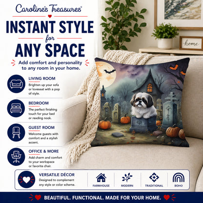 Caroline's Treasures DAC2054PW1414 Shih Tzu Spooky Halloween Fabric Decorative Pillow Machine Washable, Indoor Outdoor Decorative Pillow for Couch, Bed or Patio, 14Hx14W