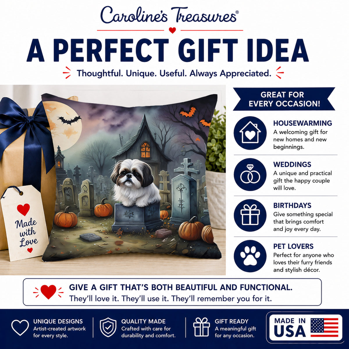 Caroline's Treasures DAC2054PW1414 Shih Tzu Spooky Halloween Fabric Decorative Pillow Machine Washable, Indoor Outdoor Decorative Pillow for Couch, Bed or Patio, 14Hx14W