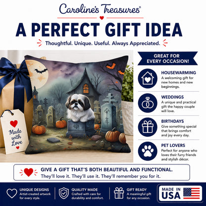 Caroline's Treasures DAC2054PW1414 Shih Tzu Spooky Halloween Fabric Decorative Pillow Machine Washable, Indoor Outdoor Decorative Pillow for Couch, Bed or Patio, 14Hx14W
