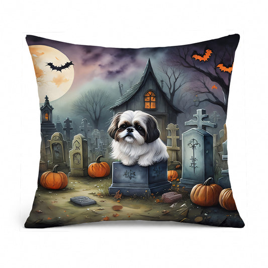Caroline's Treasures DAC2054PW1818 Shih Tzu Spooky Halloween Fabric Decorative Pillow Machine Washable, Indoor Outdoor Decorative Pillow for Couch, Bed or Patio, 18Hx18W