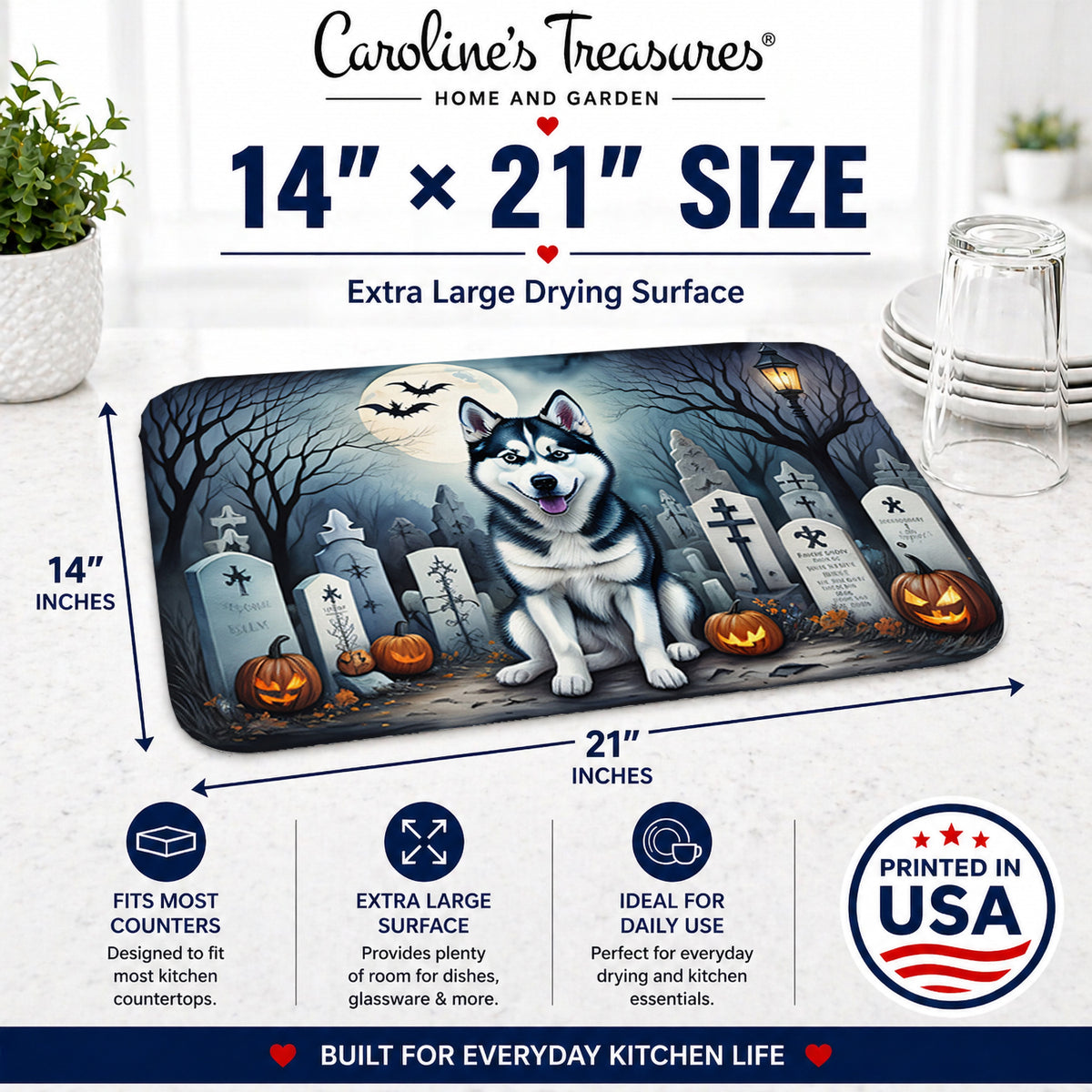 Caroline's Treasures DAC2055DDM Siberian Husky Spooky Halloween Dish Drying Mat Absorbent Dish Drying Mat Pad for Kitchen Counter Dish Drainer Mat for Countertop, 14 x 21, Multicolor